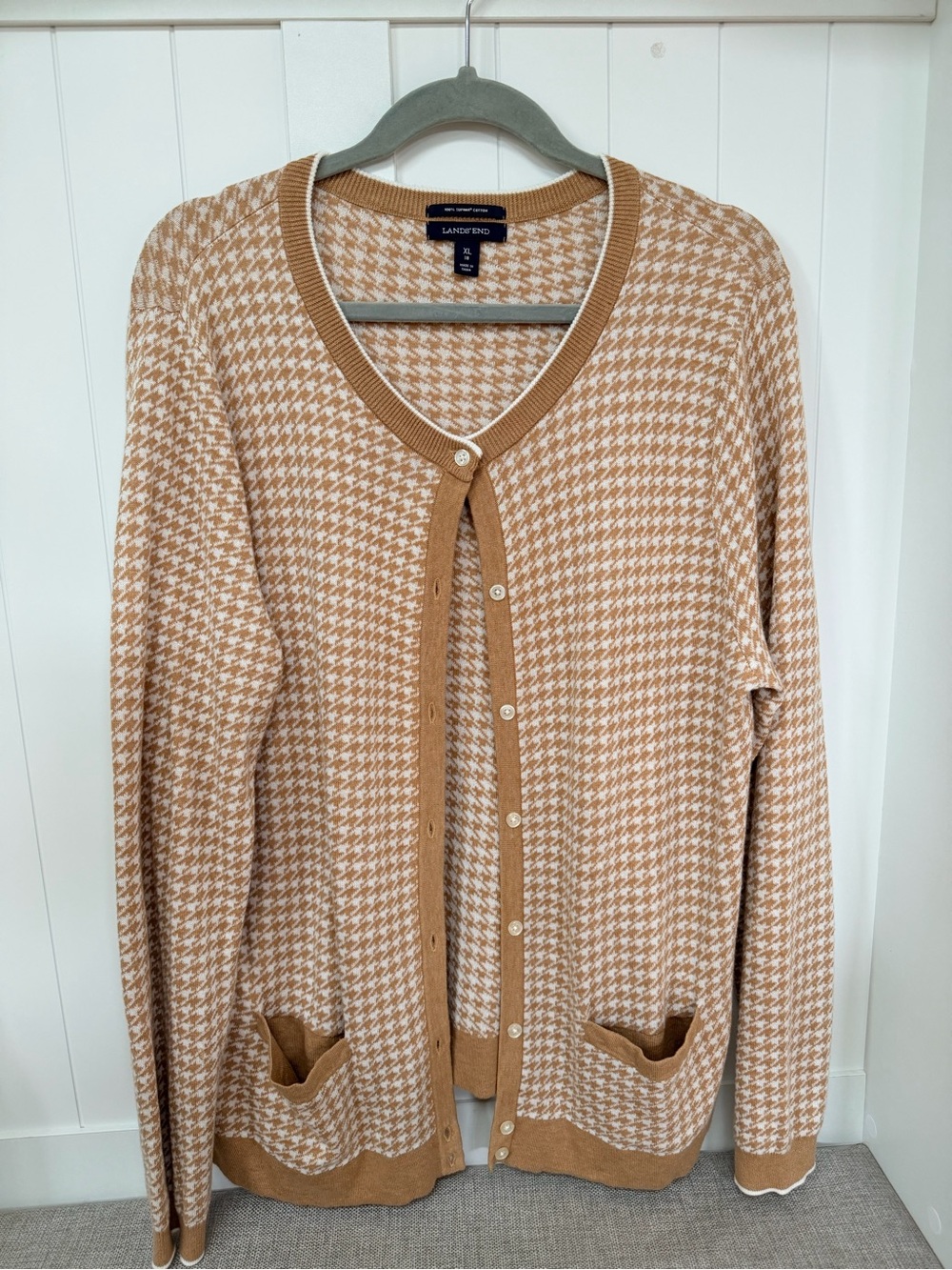 Lands' End Camel and Cream Houndstooth Button-Up Cardigan